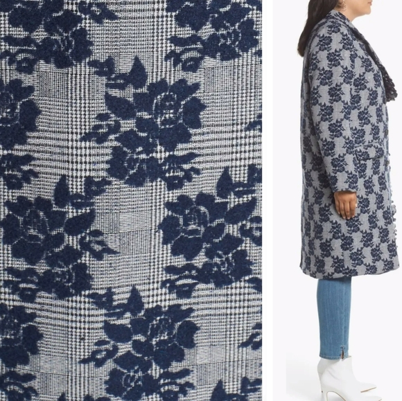 Halogen Blue Floral Plaid Print Ruffle Coat - Picture 10 of 11